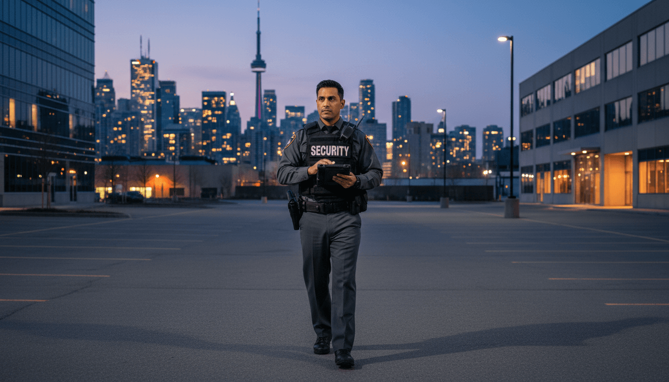 Security guard reviewing a tablet during a walkthrough of a commercial property in Toronto