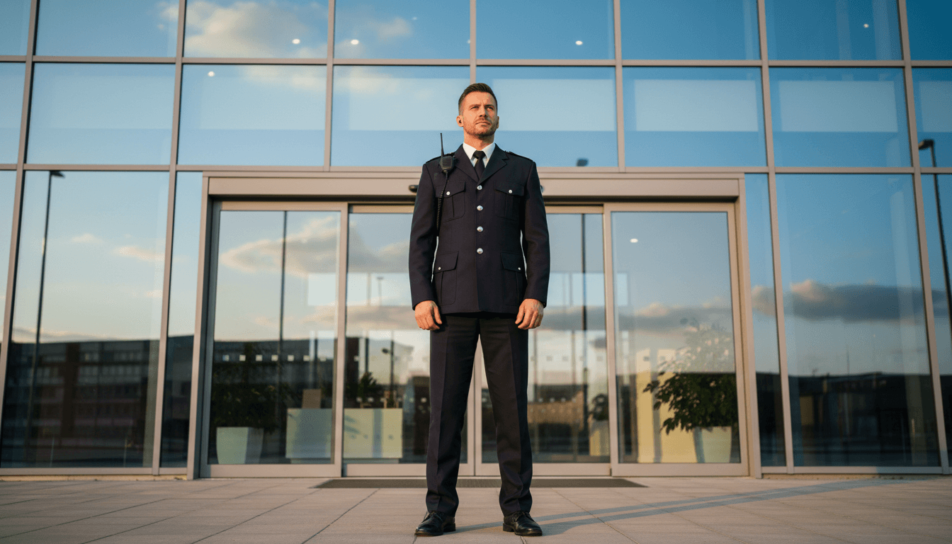 Security guard standing watch at a Toronto office building entrance