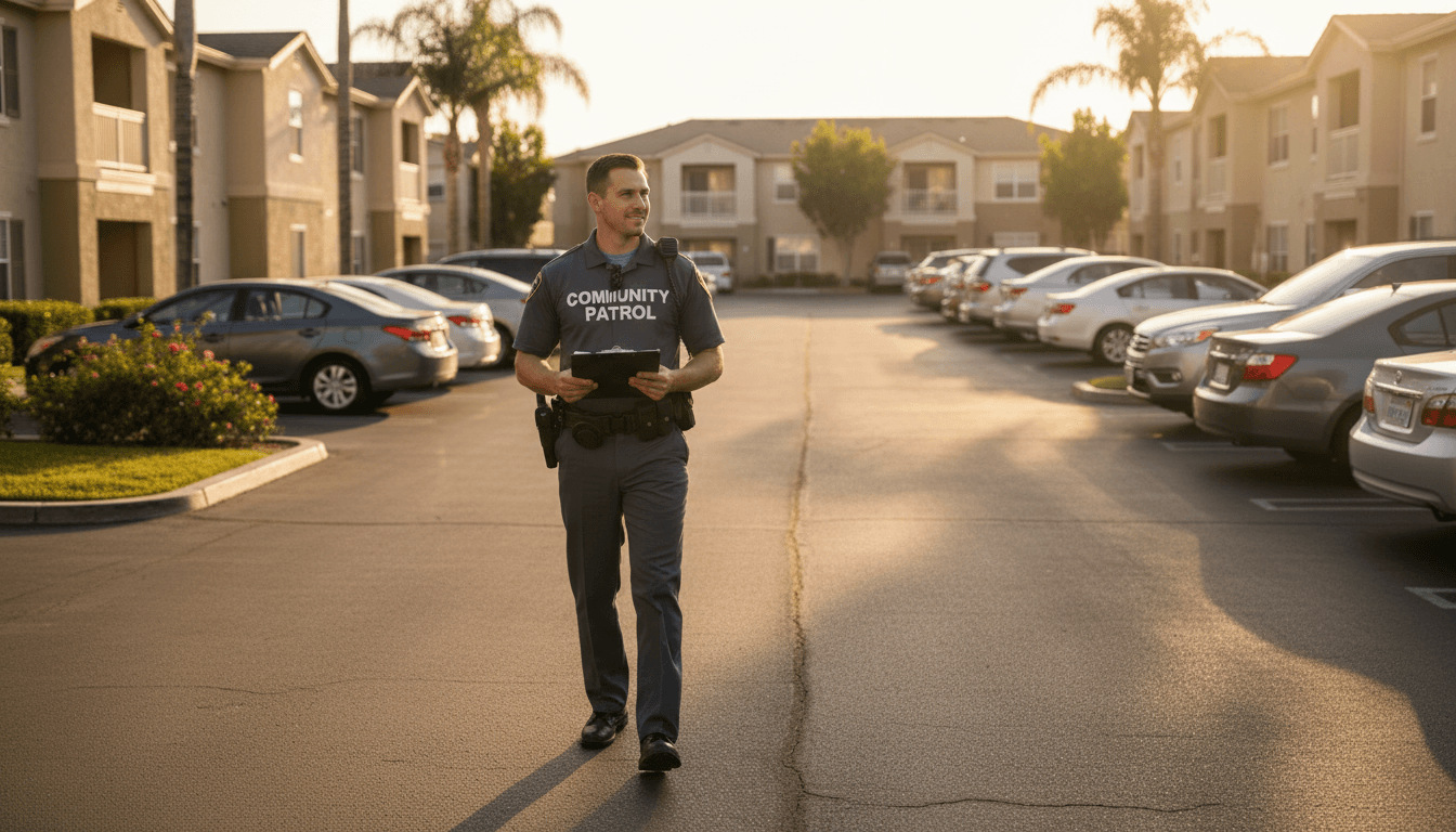 Security officer patrolling a residential community common area