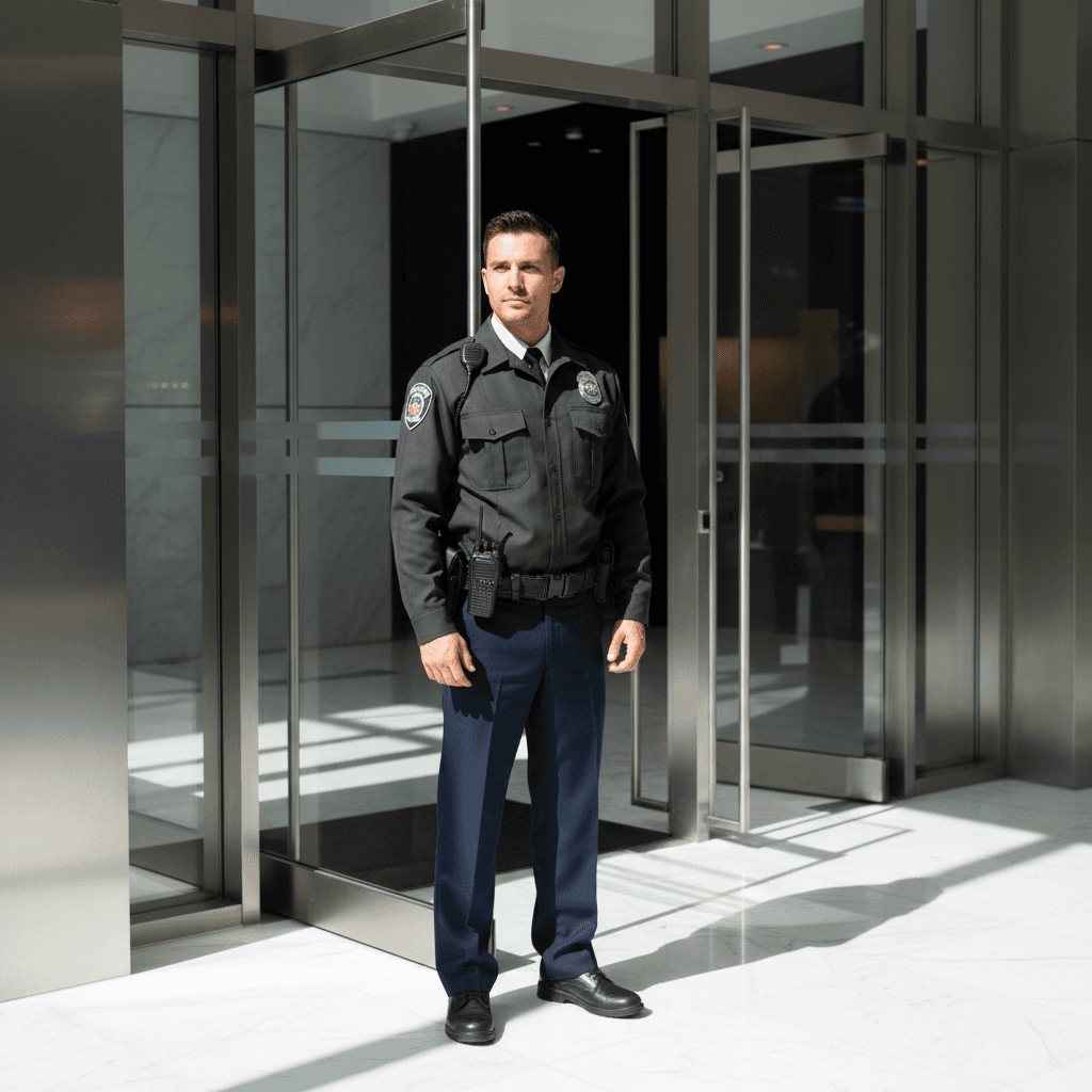 Security guard at a downtown Toronto commercial tower entrance