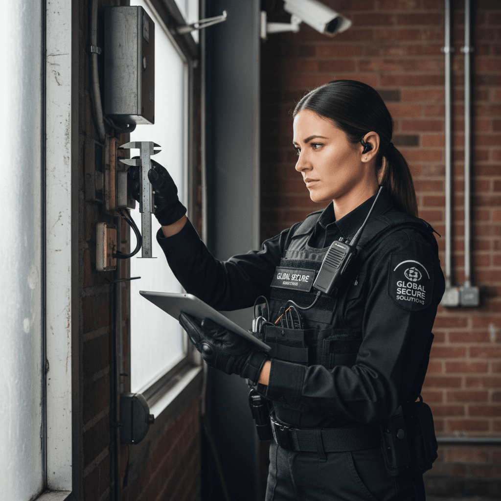 Security guard conducting a site assessment at a commercial building in Toronto