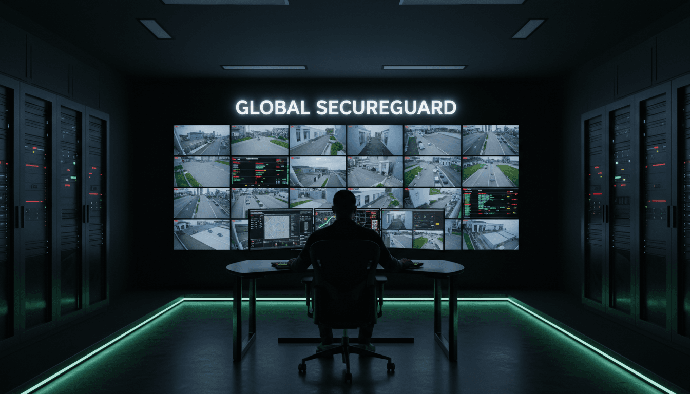 Security monitoring desk with live site camera feeds