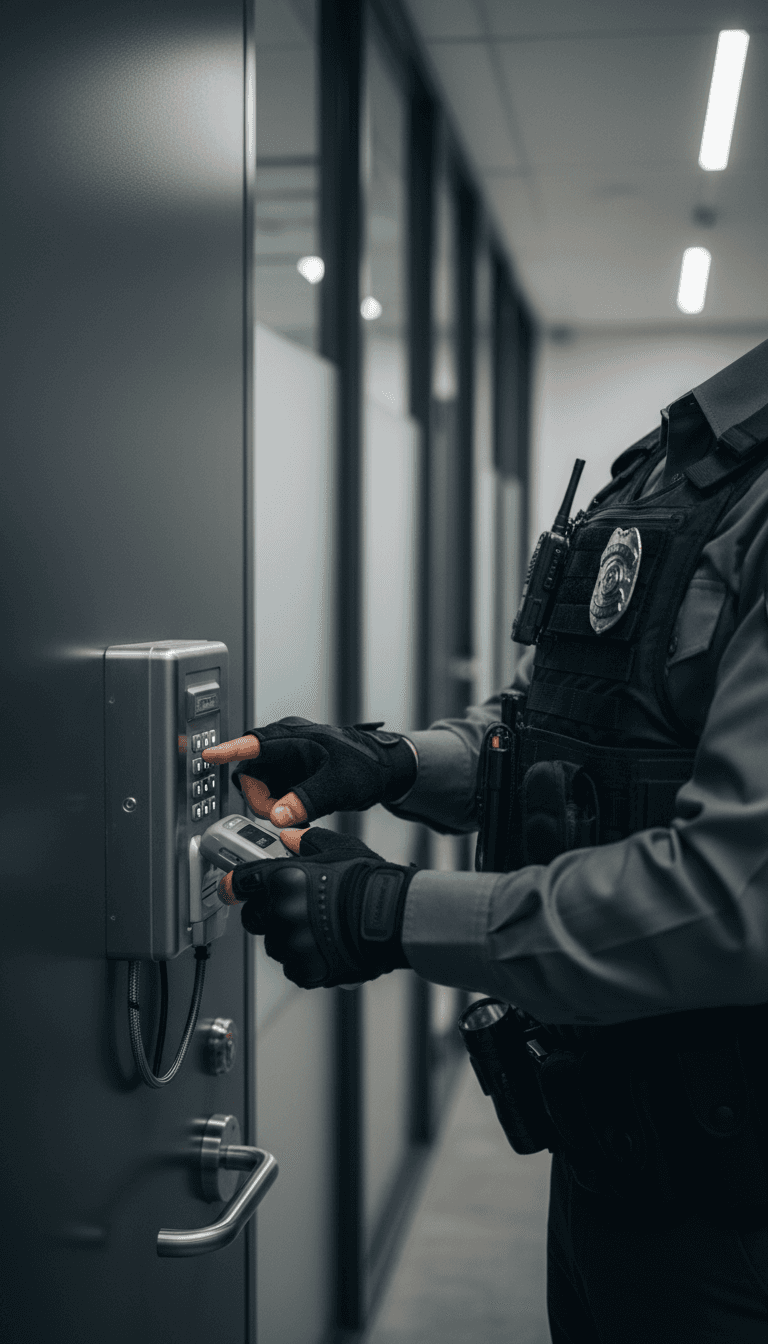 Security guard checking credentials at a commercial building entrance
