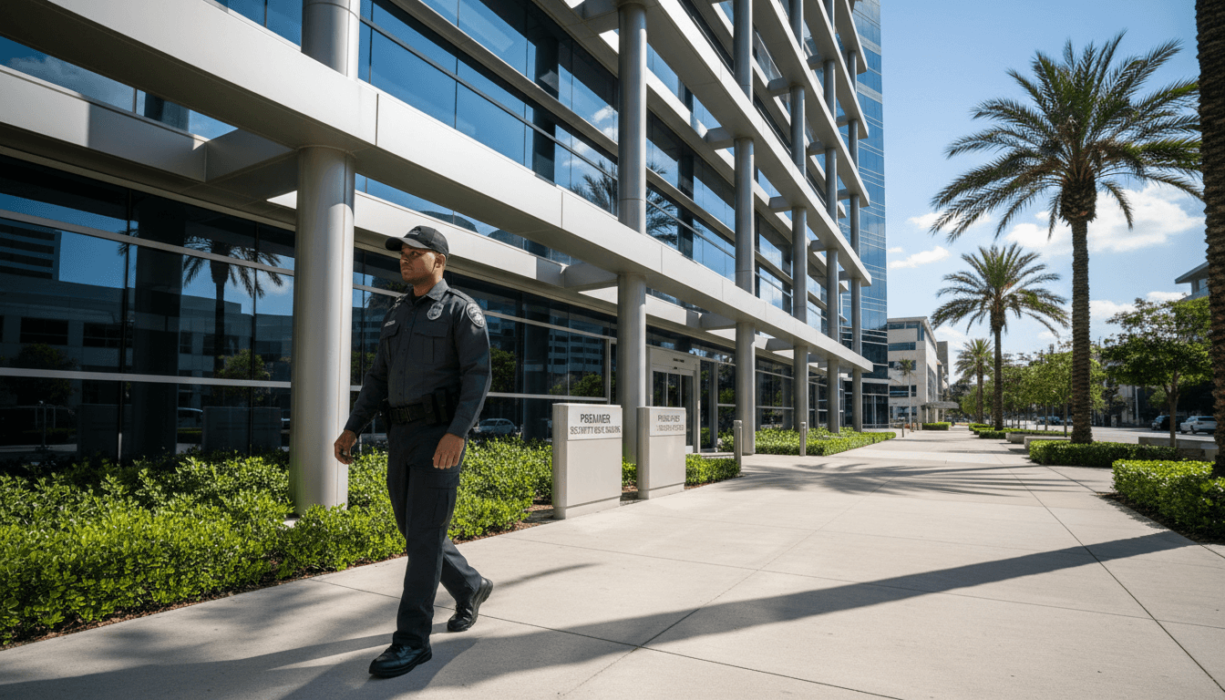 Security guard standing watch outside a commercial building