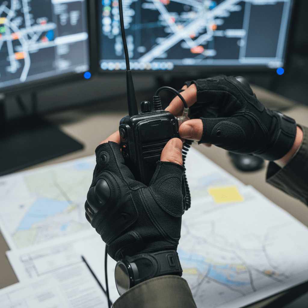 Close-up of a security officer's hands on a two-way radio