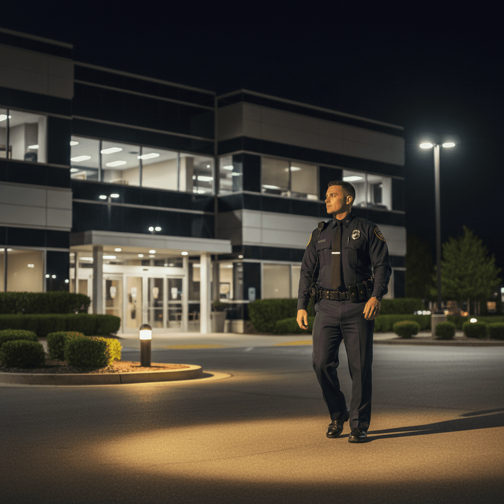 Security patrol officer checking a residential community gate