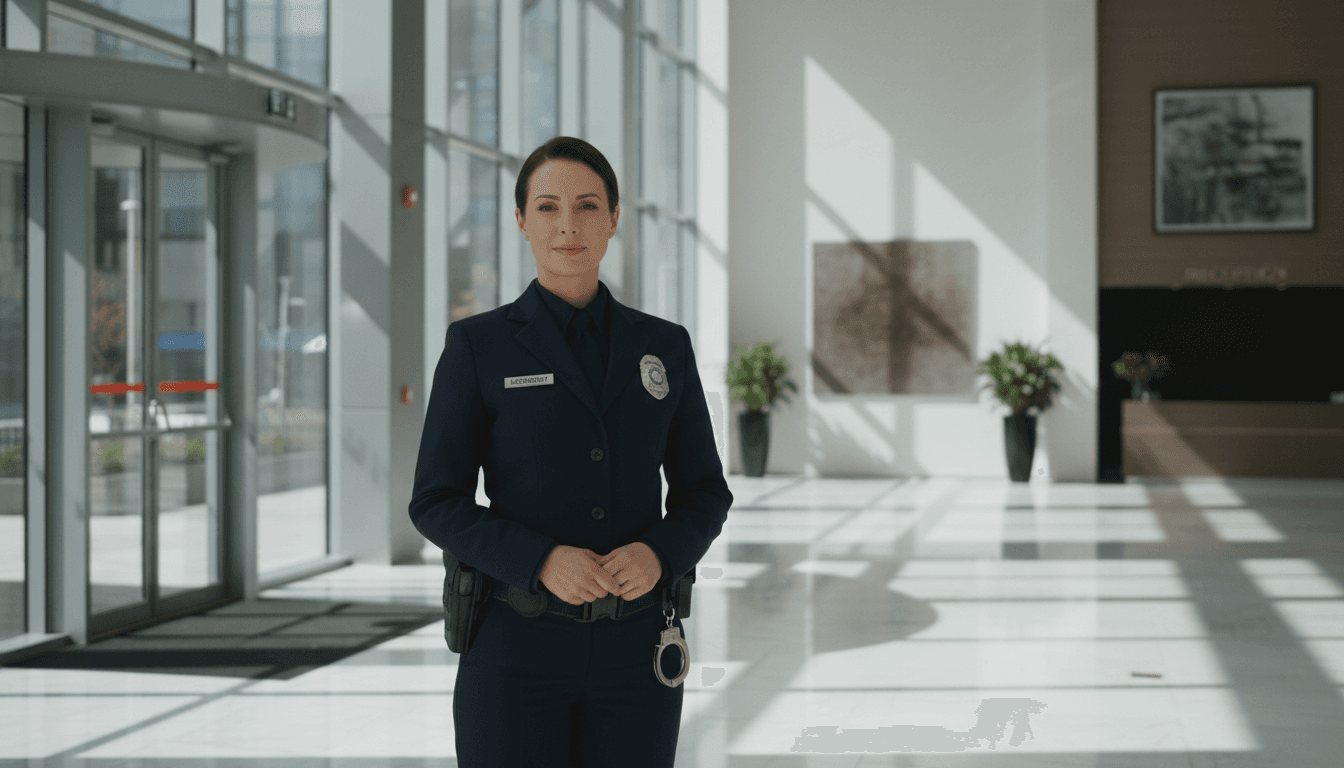 Professional security guard standing at the entrance of a modern commercial building in Toronto
